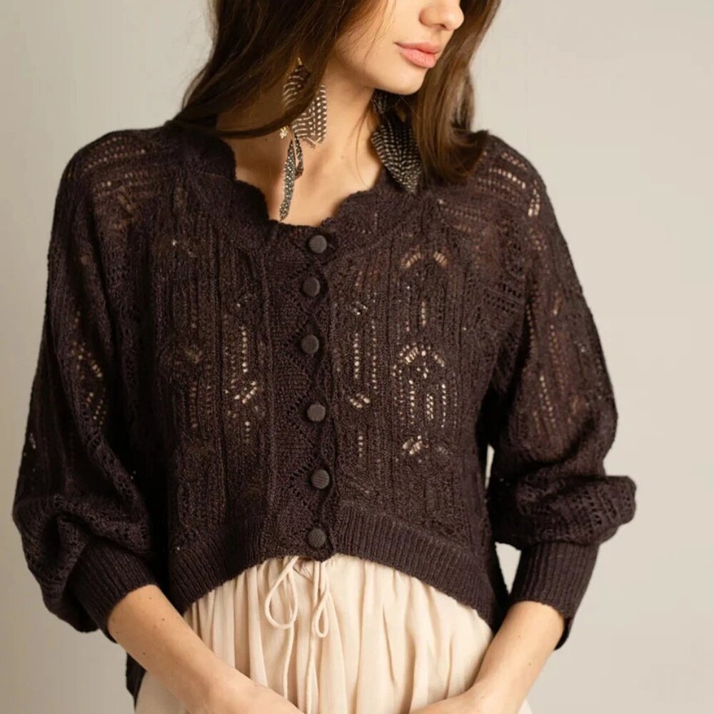 Joyfolie Jelina Button Down High Low Crochet Sweater in Black Coffee NWT - XS